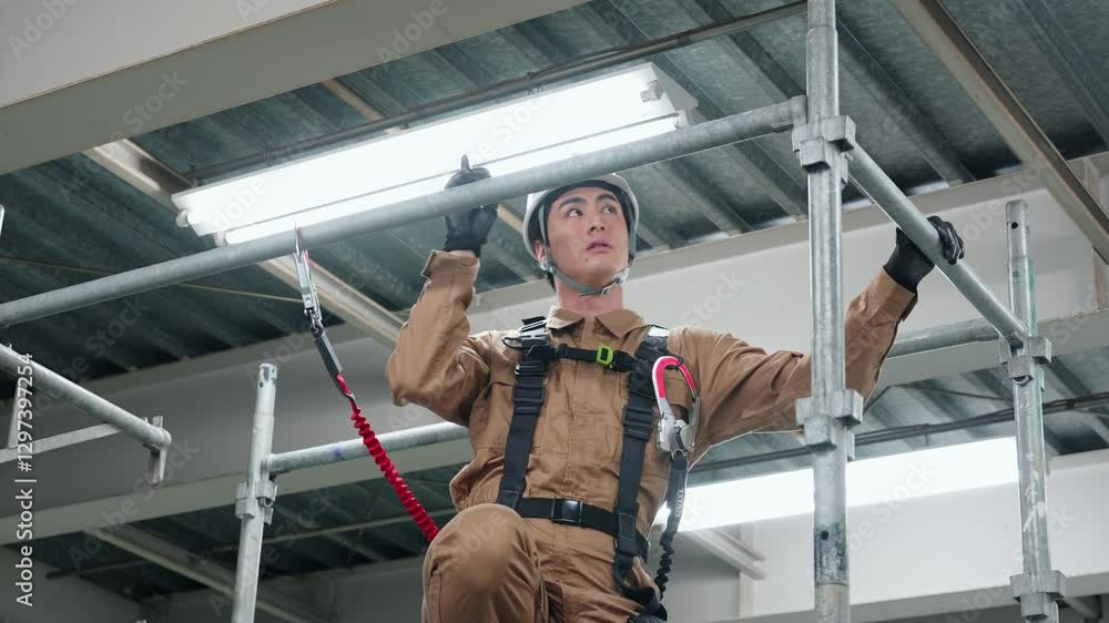 Poster 男性、点検、メンテナンス、工事、屋根、エンジニア、技術者、塗装、建築士、老朽化、確認、建設、建物、足場、高所作業、フルハーネス、フック、安全、日本人、チェック、検査、鉄骨、ランヤード、インフラ、建築、技師、修繕、修理、ひび、改修、公共事業、設備、施設、保守、保全、予防、経年劣化、長寿命化、構造体、検査員、内装、特別教育、作業服、危険、リスク、解体、作業員、労働者、ローリングタワー、人物