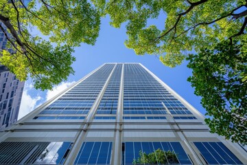 A wide-angle view of the exterior wall and modern skyscraper in Sydney, Australia The tall building features glass windows with white vertical lines on its sides Generative AI