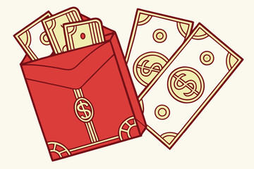 Colorful vector illustration of a wallet overflowing with cash, celebrating wealth and prosperity in a stylish design