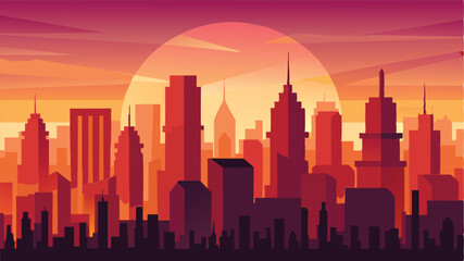 Sunset over a stylized city skyline with vibrant hues and geometric shapes, capturing the essence of urban life and architecture at dusk