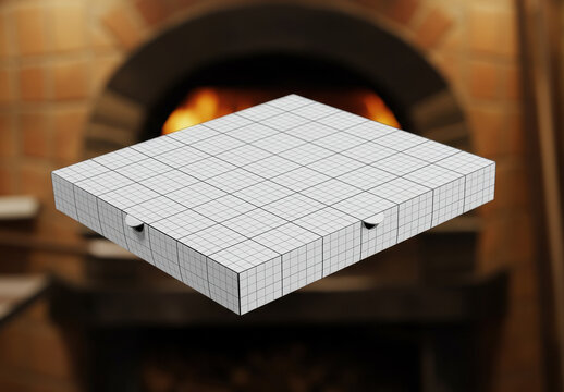 Pizza Box Floating Mockup with Fire and Oven Behind