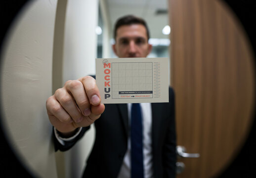 Person Showing Card To Peephole Mockup