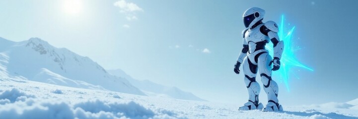 Fototapeta premium Advanced robot standing on a snowy white futuristic background with a glowing blue energy shield, snow, energy shield