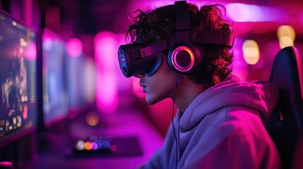 A gamer in a neonlit room, fully immersed in a virtual reality experience, Gaming photography, Hightech and engaging