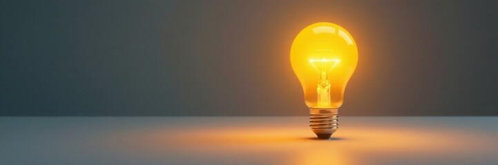A glowing yellow light bulb sits on a white surface, emitting a warm and inviting glow , home decor, lighting