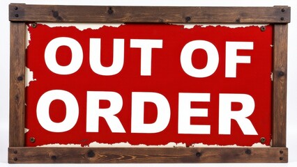 Fototapeta premium A wooden-framed sign with a red background and white text indicating it is out of order.