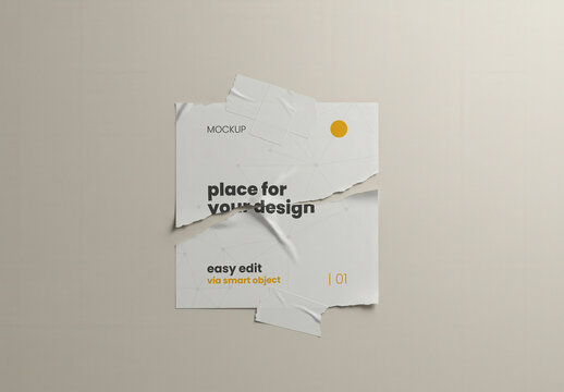 Ripped Square Paper Stuck to the wall with Tape Mockup