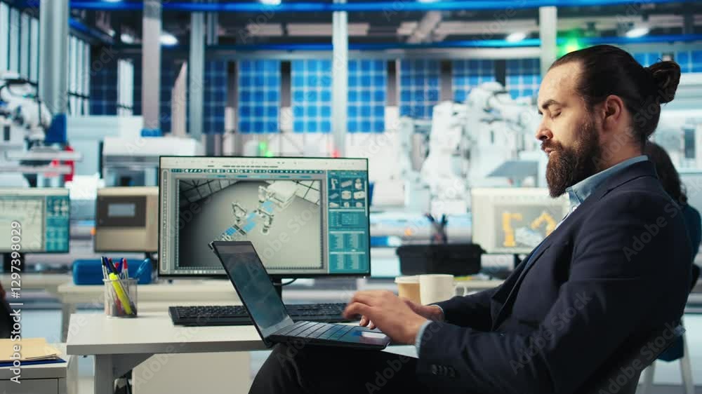 Poster employee in renewable energy based factory using laptop to review performance of robot arms placing 