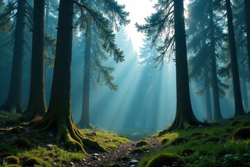 Obraz premium Ancient fir trees tower above misty forest floor, trees, nature