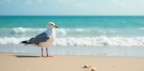 Fototapeta premium A single seagull standing alone on a deserted beach with calm ocean waves in the background , gulls, nature