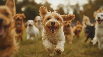 A group of pets playing together at a dog park, captured in motion, Pet photography, Fun and lively
