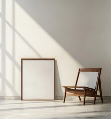 Empty room with framed poster, modern chair, sunlight, and window
