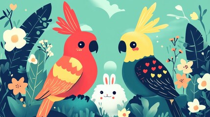 Fototapeta premium Colorful parrots and a bunny in a garden setting. Possible use Children's book illustration