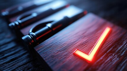 Close-up of a wooden surface with metallic hinges and a glowing red check mark symbolizing approval