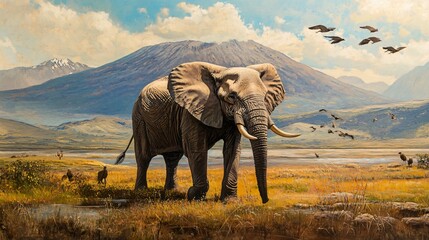 Fototapeta premium Majestic African Elephant and Birds in Ngorongoro Crater Wildlife Scene