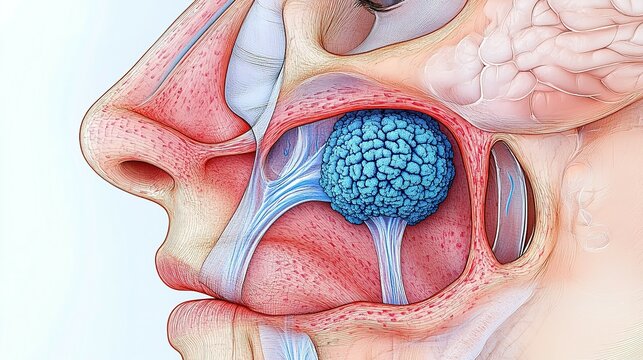 Medical illustration depicts nasal cavity anatomy with visible polyp
