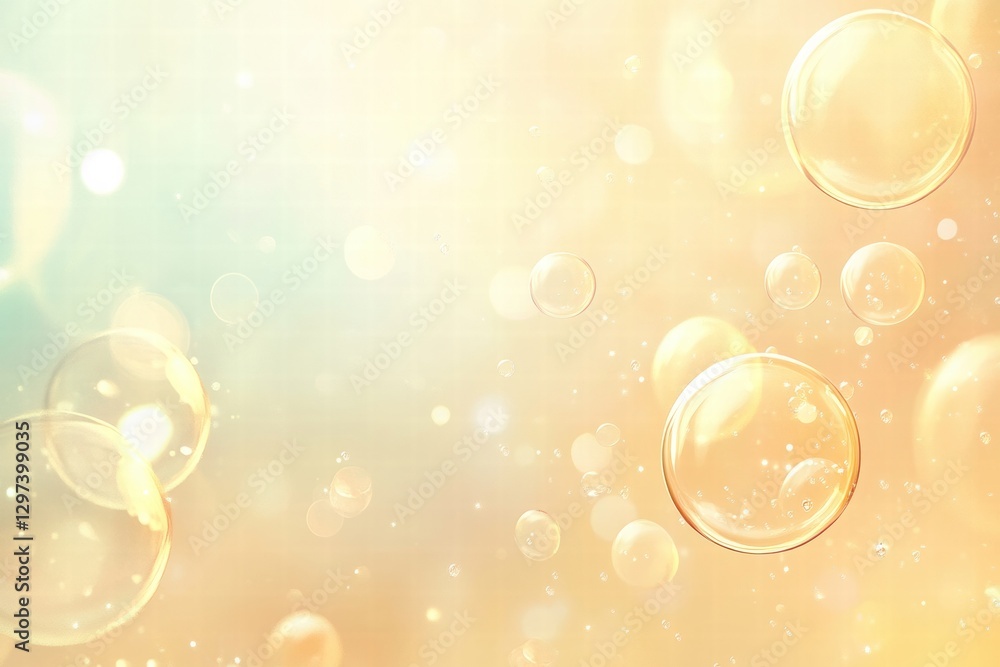 Poster bubbling water droplets reflecting light in soft pastel shades during a tranquil morning setting. ge