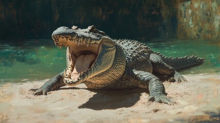 Obraz premium Crocodile yawning on sandy shoreline