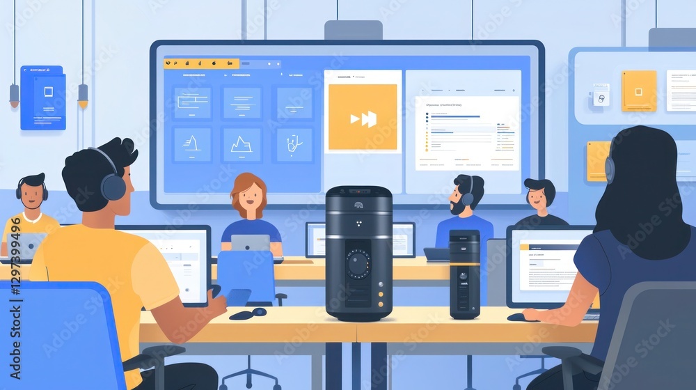 Poster efficient office collaboration: multi-generational voice assistants enhance workflow in flat illustr