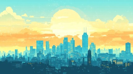 Fototapeta premium Pixelated cityscape sunrise, urban skyline, tranquil scene, digital art, background, stock photo
