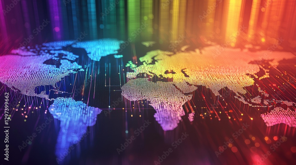 Poster a vibrant world map glows with interconnected digital networks and communication technologies.