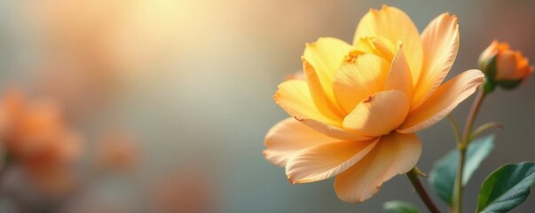 Fototapeta premium Delicate golden petals unfurl against a soft floral backdrop , natural elegance, elegant leaves