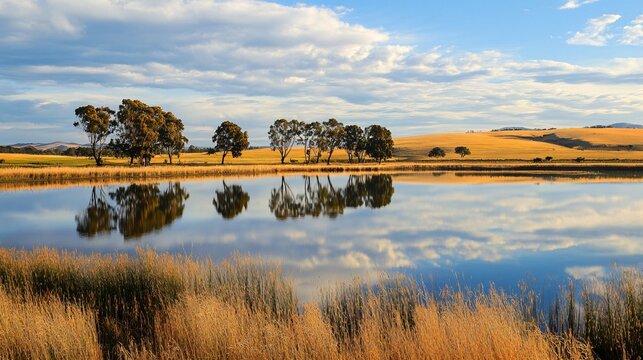 Tranquil Australian Rural Landscape at Lake Colac for Print Media Featuring Vast Scenic Beauty and Serene Waters
