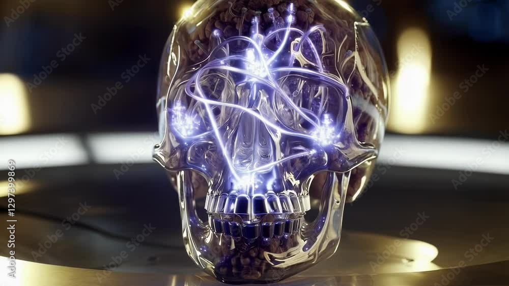 Poster glowing electrical impulses illuminating metallic human skull, depicting complex neurological proces