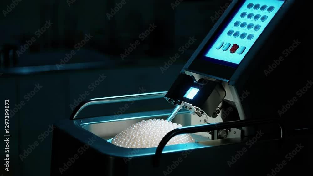 Poster advanced laboratory equipment precisely pours liquid onto a white hemispherical material, possibly f
