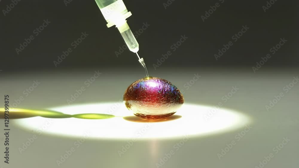 Poster laboratory syringe precisely injecting transparent liquid into iridescent, illuminated egg, showcasi