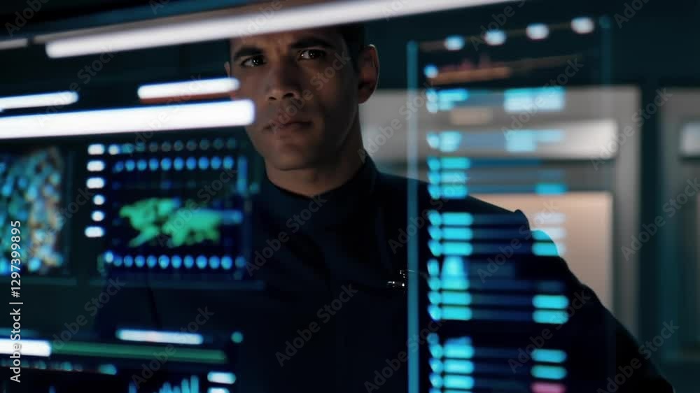 Aufkleber Scientist in a dark uniform analyzes data displayed on a futuristic transparent screen. Featuring graphs. Charts. And a world map. Suggesting advanced technological research in a laboratory setting