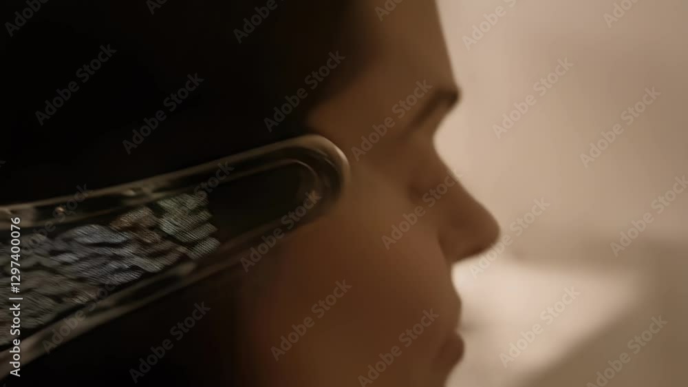 Aufkleber Neural implant revealing dynamic patterns while female researcher analyzing digital data, representing cutting edge neurotechnology and brain computer interface interaction