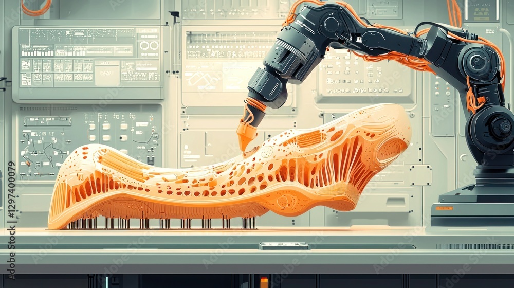 Poster future technology concept - ai robotic arm sculpting intricate clay piece with user interaction in 2