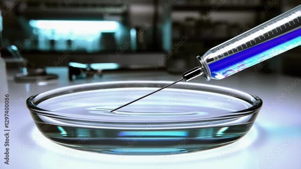 Poster Laboratory experiment showing a syringe injecting a blue liquid into a petri dish filled with clear liquid, creating ripples on its surface, in a sterile laboratory environment