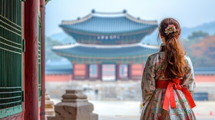 Fototapeta premium A woman in Hanbok admires the serene beauty of Gyeongbokgung Palace in Seoul, South Korea.