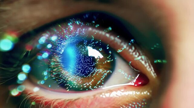Digital overlay gradually transforming human eye, representing technological advancement blending biological vision with cutting edge medical innovation and futuristic visualization