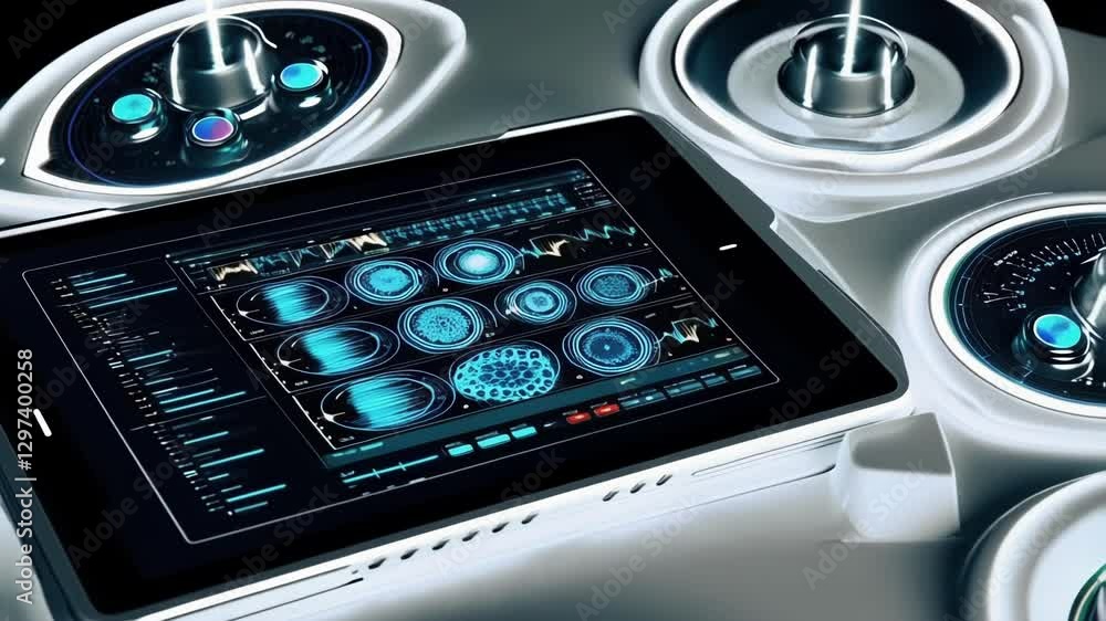Poster complex medical interface displaying patient health information, featuring various dials, buttons, a