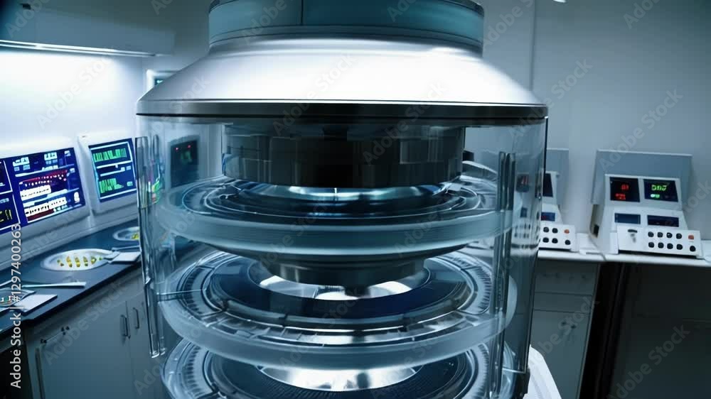 Poster Modern laboratory incubator rotating samples on multiple levels, showcasing advanced technology in a controlled environment for scientific research and development in healthcare