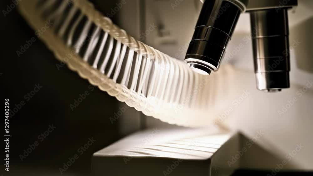 Poster light travels through fiber optic cable illuminated by a microscope in a laboratory setting, showcas