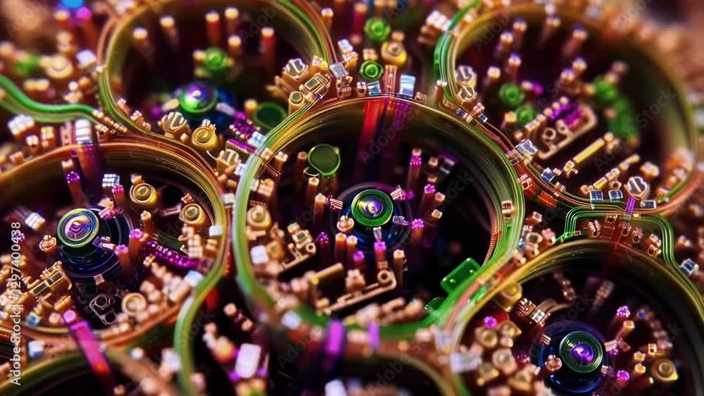 Poster Nanorobots are assembling a complex structure with interconnected circular components, showcasing advanced nanotechnology and futuristic engineering