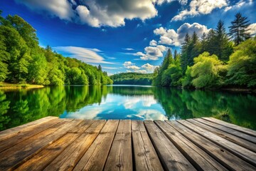 Fototapeta premium Serene lake reflects a vibrant blue sky, wooden dock extending into tranquil waters, surrounded by lush trees.