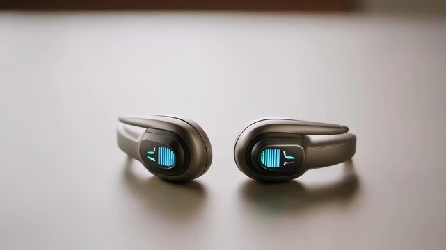 Modern bone conduction headphones, illuminated by a blue light, slowly rotate on a white surface, showcasing their sleek design and innovative technology