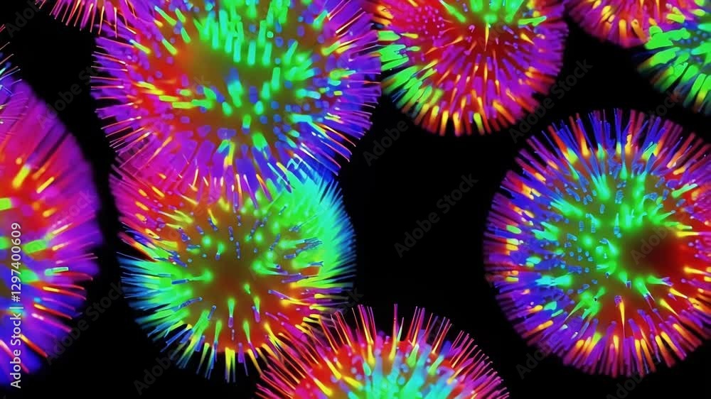 Aufkleber Many colorful spiky spheres are moving on a black background, creating an abstract and dynamic visual representation of microorganisms or other scientific concepts