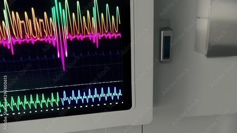 Poster advanced medical monitor displaying changing vital signs in professional clinical setting, tracking 