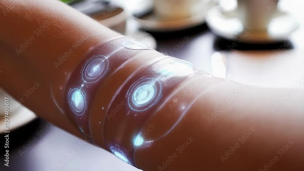 Poster Transparent high tech wristband displaying dynamic health metrics, tracking vital signs and biometric data with advanced digital interface and sensor technology