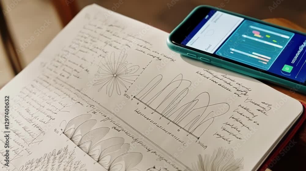 Poster Research involving data analysis and diagrams progresses with notes taken on a notebook, accompanied by a smartphone displaying a dedicated application