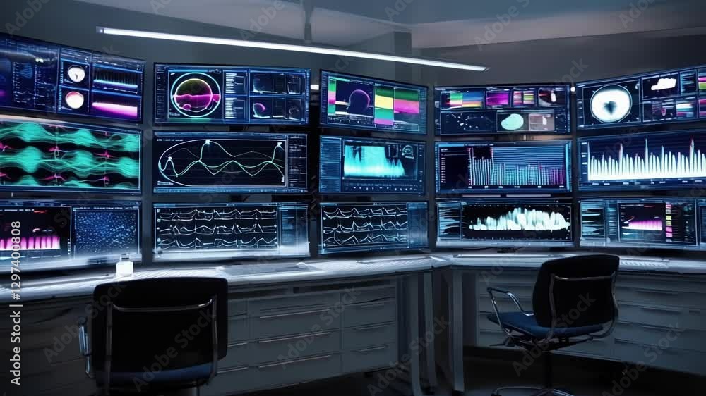 Poster Complex medical information and patient vitals are displayed on multiple monitors in a high tech control room, suggesting ongoing monitoring and analysis by healthcare professionals