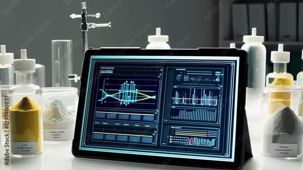 Aufkleber futuristic tablet displaying analysis of chemical substances, surrounded by jars containing powders 