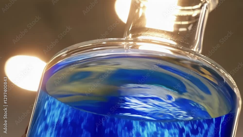 Poster Transparent laboratory glassware contains vibrant blue liquid swirling and mixing with another substance, creating dynamic patterns under bright laboratory lighting