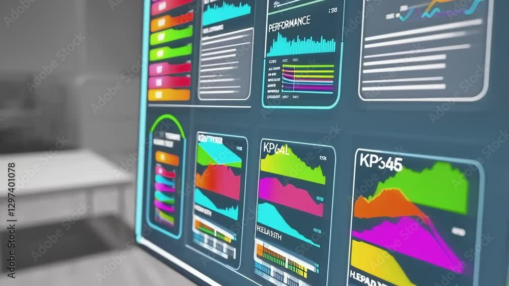 Aufkleber Colorful kpi data visualized on a transparent digital display in a modern office environment, suggesting advanced performance monitoring and analysis